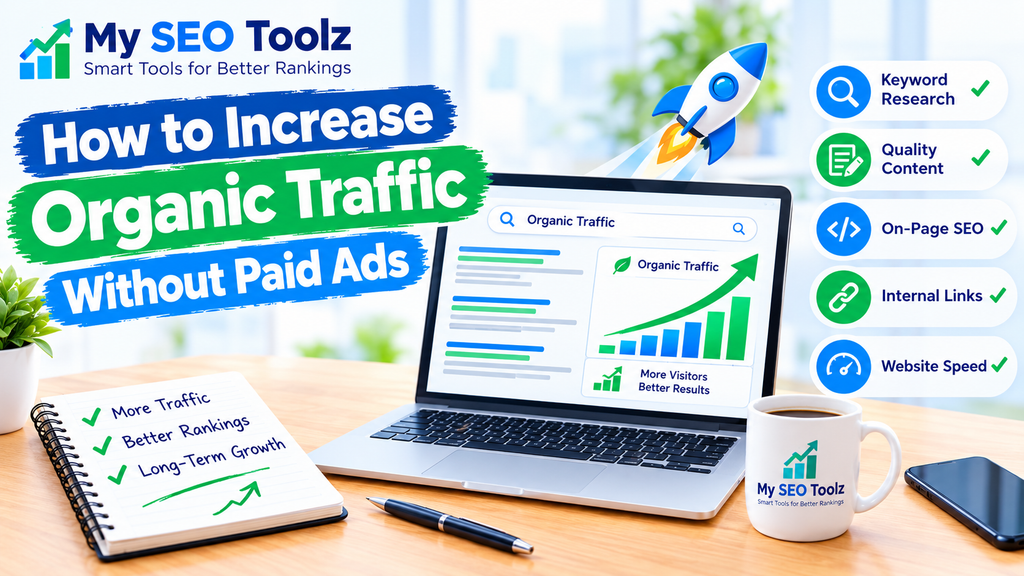 My SEO Toolz banner showing ways to increase organic traffic through keyword research, quality content, on-page SEO, internal links, and website speed.