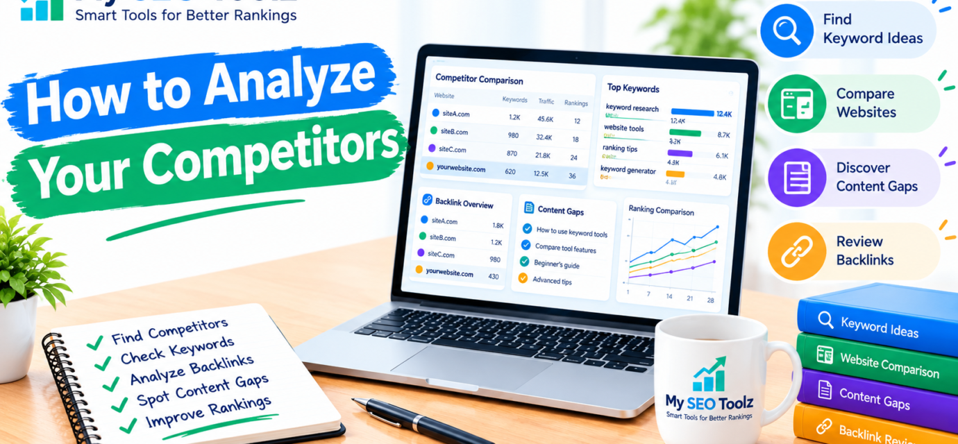 Illustration showing competitor analysis with keyword research, backlink review, content gaps, and website ranking comparisons on a laptop.