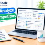 Illustration showing competitor analysis with keyword research, backlink review, content gaps, and website ranking comparisons on a laptop.