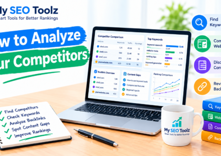 Illustration showing competitor analysis with keyword research, backlink review, content gaps, and website ranking comparisons on a laptop.