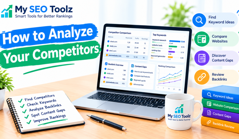 Illustration showing competitor analysis with keyword research, backlink review, content gaps, and website ranking comparisons on a laptop.