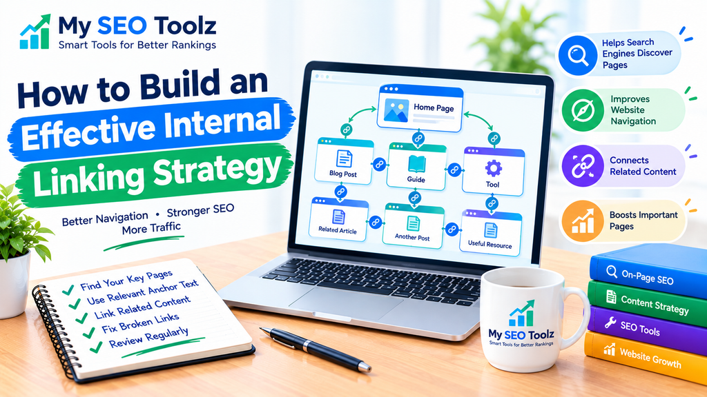 Internal linking strategy connecting website pages, blog posts, and SEO tools for better navigation.