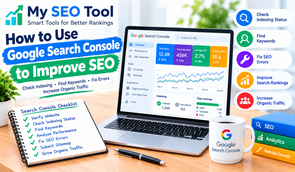My SEO Tool guide to using Google Search Console to improve SEO, check website indexing, find keywords, and increase organic traffic.
