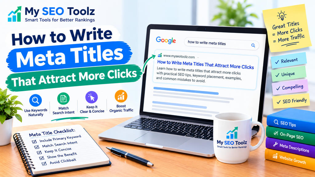 An SEO illustration showing a laptop with a search result preview and tips for writing clear, relevant, unique meta titles that encourage users to click.