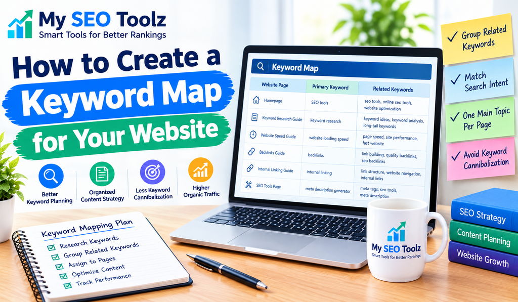 Keyword mapping strategy for website SEO with organized keywords, content planning, and keyword research on a laptop