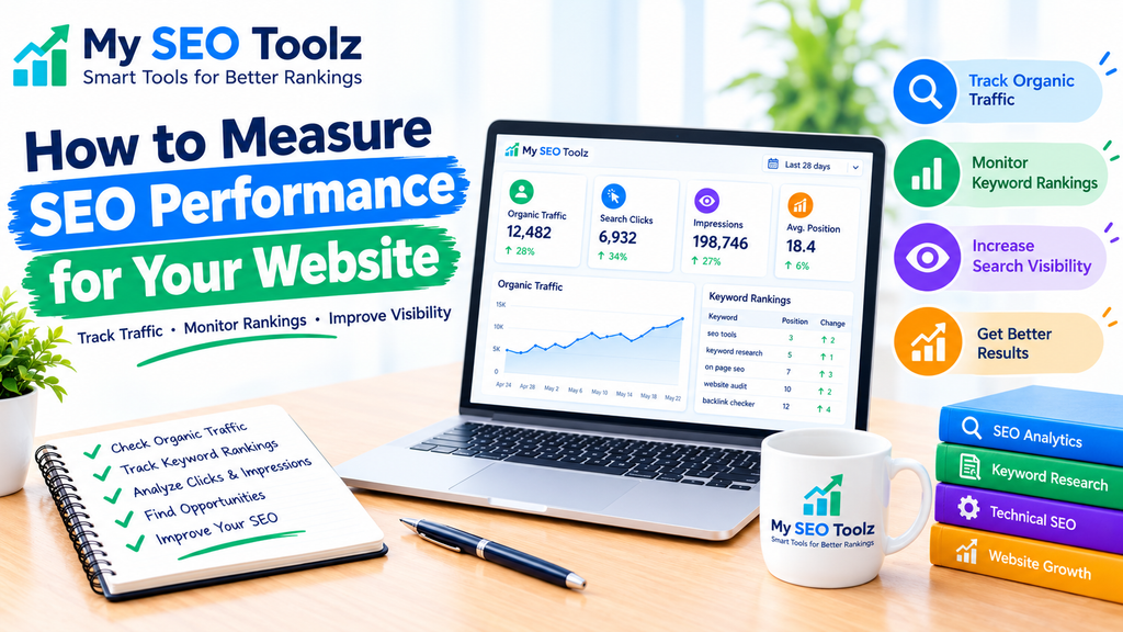 SEO performance dashboard showing organic traffic, keyword rankings, and search visibility