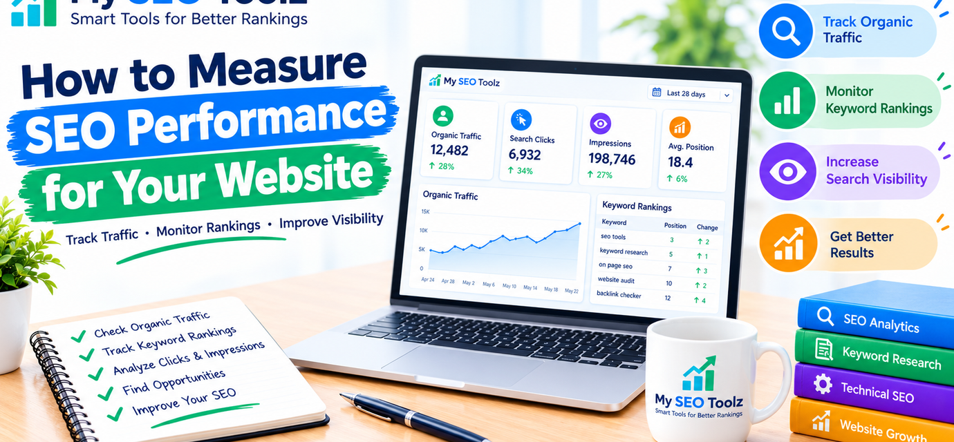 SEO performance dashboard showing organic traffic, keyword rankings, and search visibility