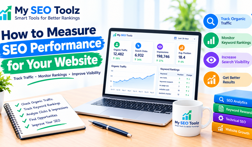 SEO performance dashboard showing organic traffic, keyword rankings, and search visibility